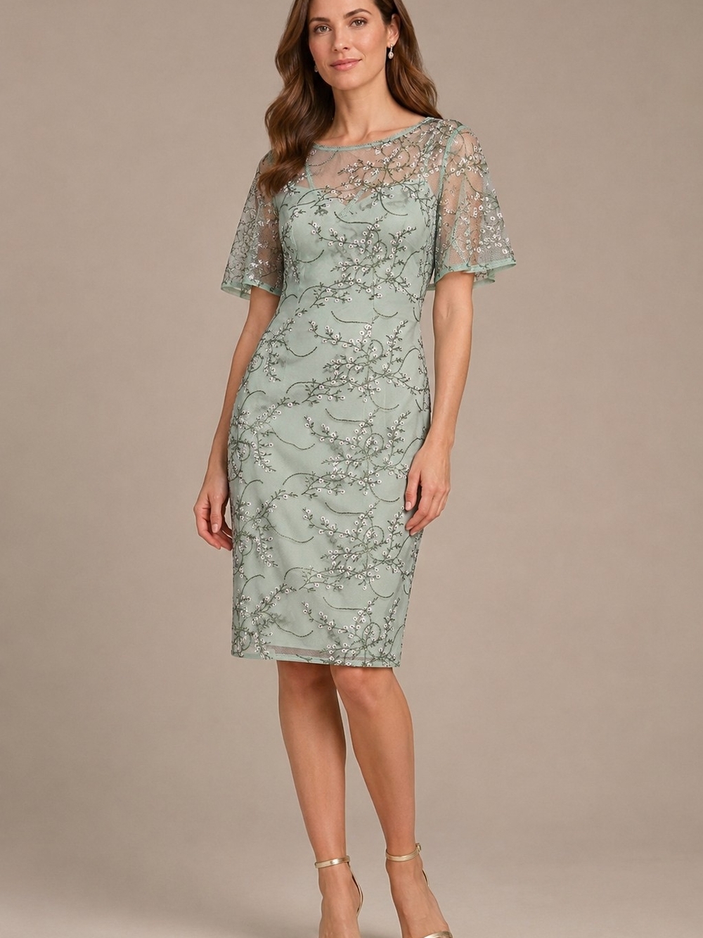 NWT Adrianna Papell Embroidered Bell Sleeve Sheath Dress Green Multi Size 10